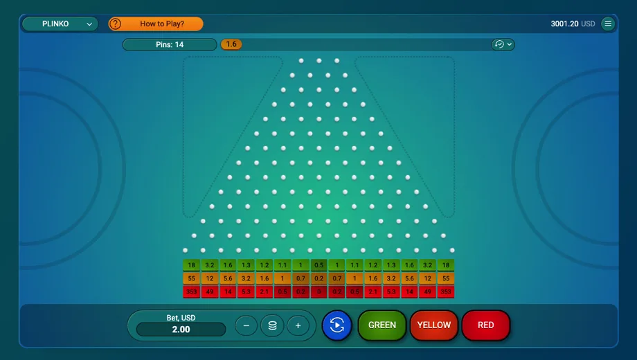Capture officielle de Plinko par SPRIBE avec ses chevilles et multiplicateurs colorés